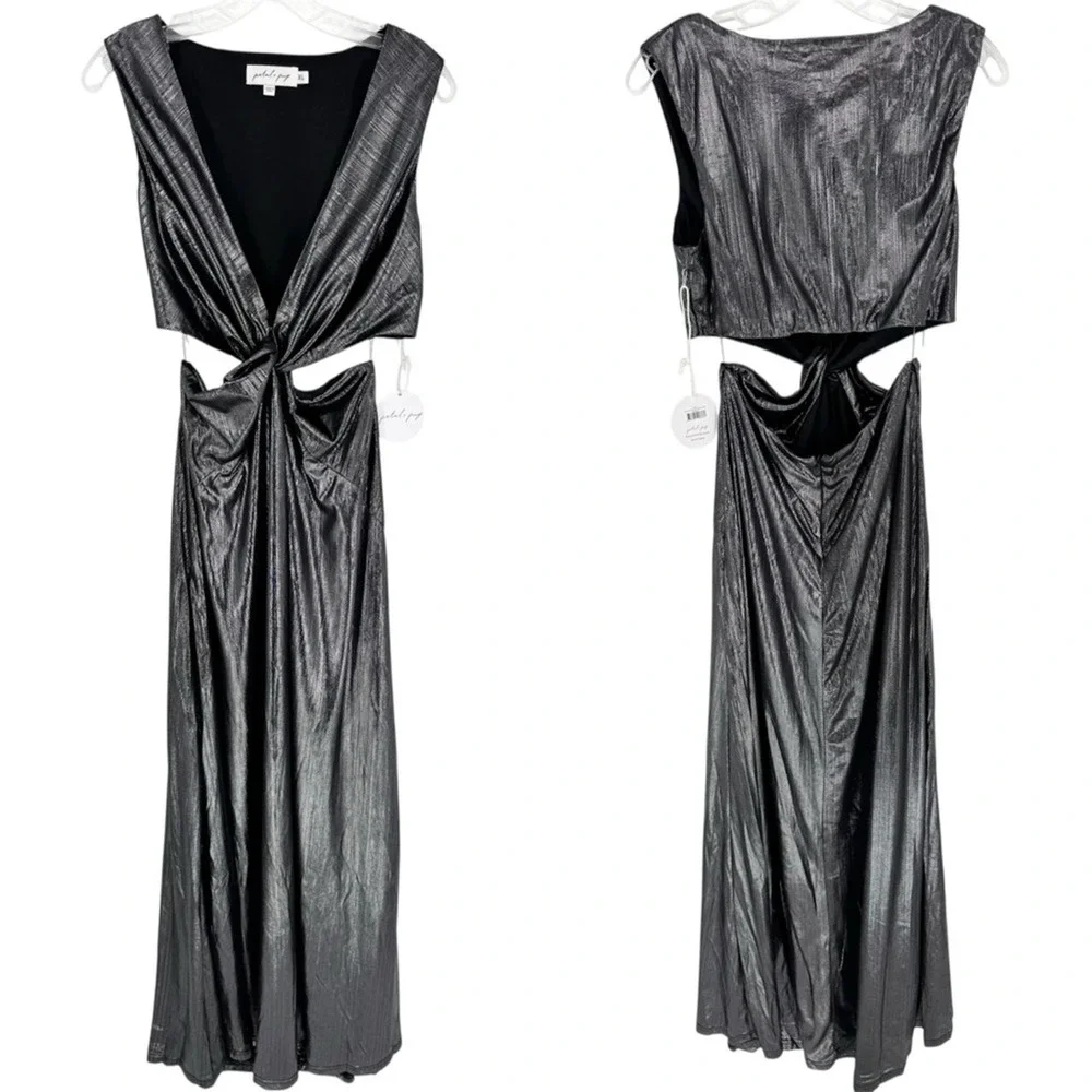 NWT Petal + Pup Kitt Cut Out Maxi Dress In Metallic Silver‎ XL Event NYE Holiday